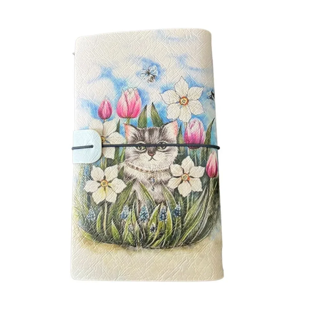 Cat with Flowers and Flies Faux Leather Reusable Travelers Notebook 8x4.5”